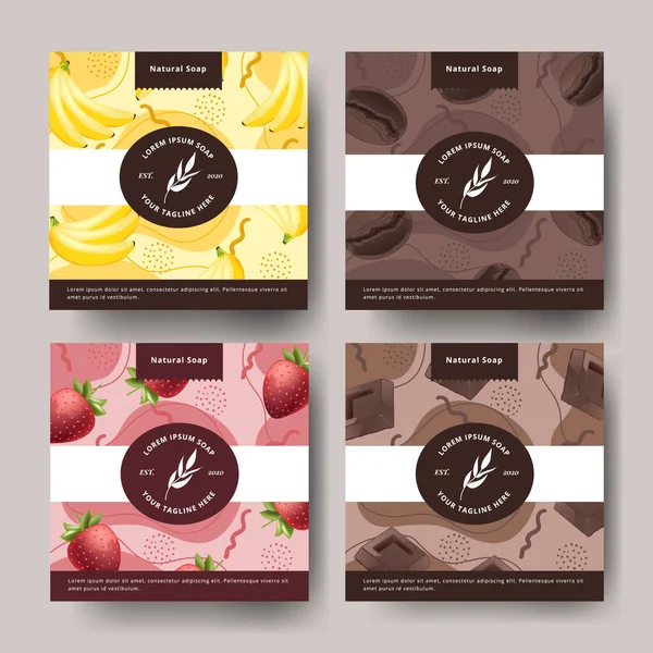 Naturlig Tvål Förpackning Design Med Banan Choklad Kaffe Och Jordgubbe — Stock vektor