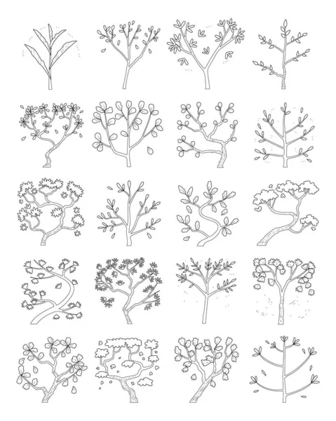 Vecteur Dessiné Main Ensemble Arbre Vue Latérale — Image vectorielle