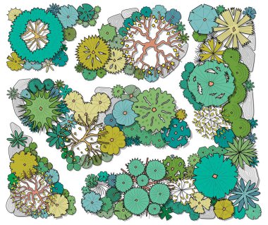 Üst görünüm ağaçlarının el çizimi vektör kümesi.