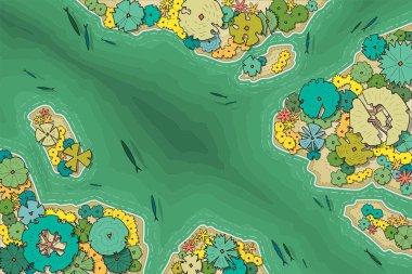 Üst görünüm ağaçlarının el çizimi vektör kümesi.