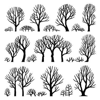 Yan görünüm ağaçlarının el çizimi vektör kümesi.