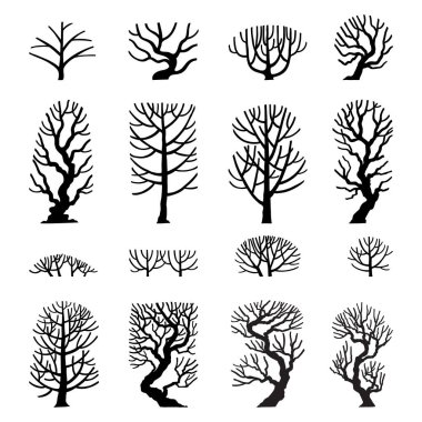 Yan görünüm ağaçlarının el çizimi vektör kümesi.