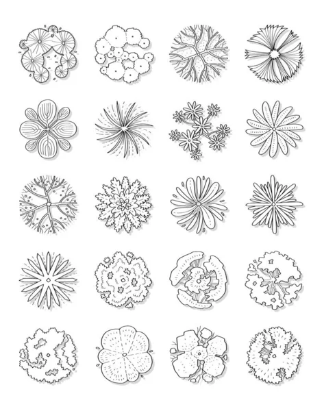 Hand Drawn Vector Set Top View Trees — Vettoriale Stock