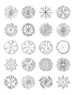 Üst görünüm ağaçlarının el çizimi vektör kümesi.