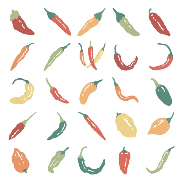 Hand Drawn Vector Set Chili Pepper Isolated White Background — Stockvektor