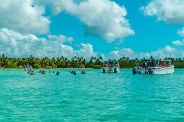 Saona Adası, Dominik Cumhuriyeti - 25 Ekim 2021 - Saona Adası yakınlarındaki doğal yüzme havuzunda yıkanan turistlerle dolu bir tekne
