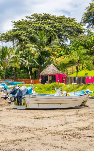 Sayulita, Meksika - 16 Eylül 2021 - Sayulita Sahili 'ndeki küçük balıkçı teknelerinin dikey görüntüsü