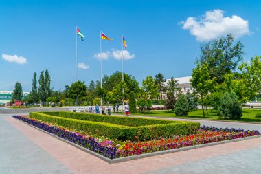 Tiraspol, Transnistria - 26 Haziran 2021 - Suvorov Meydanı 'ndaki parkın manzarası