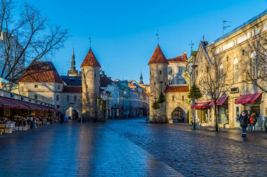 Tallinn, Estonya - 25 Ocak 2022 - Virü Kapısı 'ndaki sokak manzarası ve ortaçağ binaları