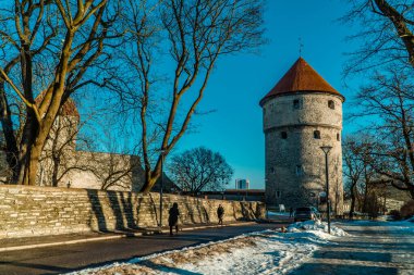 Tallinn, Estonya - 25 Ocak 2022 - Maiden Tower ile Toompea Hill Park 'ın kışın çekilmiş fotoğrafı