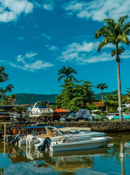 Paraty Brazylia Lutego 2022 Widok Pionowy Łodzi Rekreacyjnych Rzece Palmami — Zdjęcie stockowe