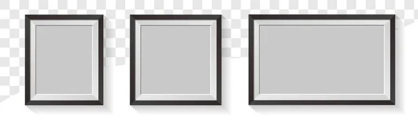 Set of photo frame with shadow and black border isolated on transparent background. Vector illustration.