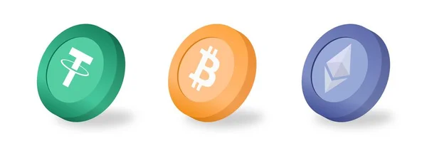 Lombok, Endonezya - 16 Ocak 2022: İnternet sanal şifreli para birimi vektör simgeleri seti. 3 boyutlu bitcoin, 3 boyutlu ip, 3 boyutlu etherium. Vektör illüstrasyonu.