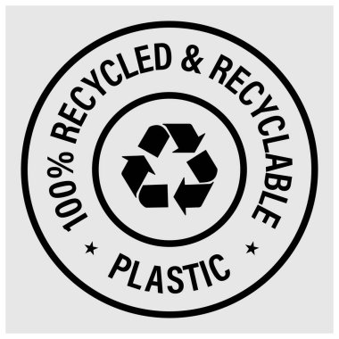 % 100 geri dönüşümlü ve geri dönüşümlü plastik vektör simgesi, siyah.