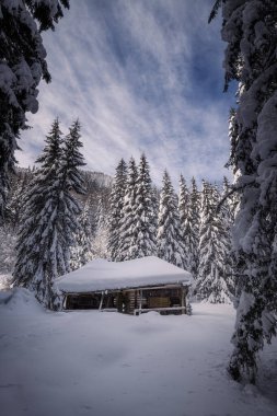 Vadinin güzel manzaralı bir dağda ahşap ahır. 