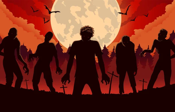 Zombie Saindo Sepultura Noite Lua Cheia Silhuetas Ilustração Para Halloween — Vetor de Stock