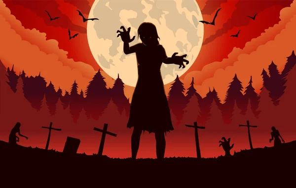Silhuetas Zombie Senhora Era Espírito Maligno Saindo Sepultura Noite Lua — Vetor de Stock