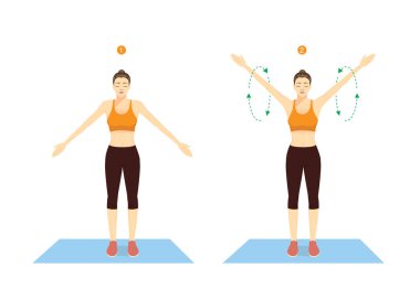 Spor kadını ısınmak için Big Arm Circles duruşuyla egzersiz yapıyor. Dönüşümlü kollar yaraları engeller ve vücudunuzu güç eğitimine hazırlar.