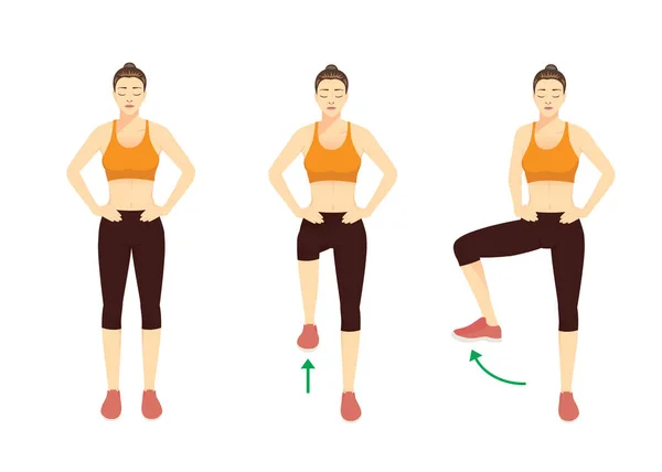 Αθλητικές Γυναίκες Που Κάνουν Άσκηση Πόδι Του Ισχίου Περιστροφή Στάση — Διανυσματικό Αρχείο