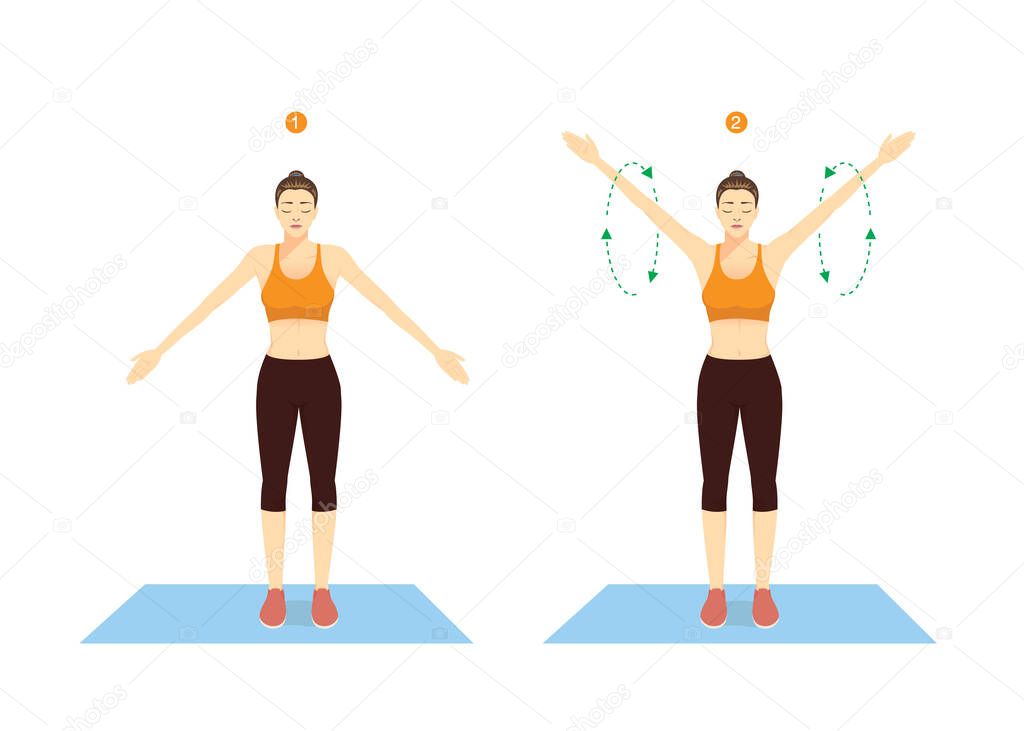 Sport woman doing exercise with Big Arm Circles posture for warm up. Rotation arms help to prevent injuries and prepare your body for strength training.