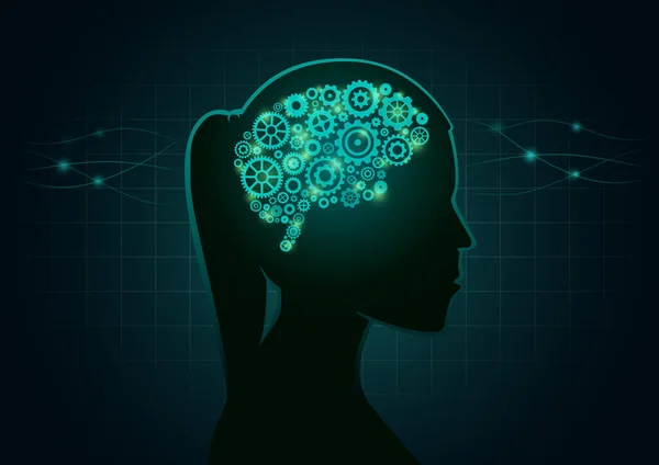 Brain Gears Woman Head Green Background Technology Style Silhouette Illustration — Vetor de Stock
