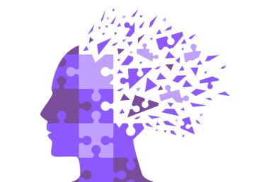 Yapboz kafasından kopan insan kafası silueti. Hafıza kaybı ve Alzheimer hastalıkları hakkında bir resim..