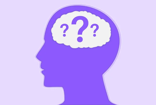 Ponto Interrogação Cérebro Cabeça Humana Roxa Ilustração Sobre Consciência Demência — Vetor de Stock