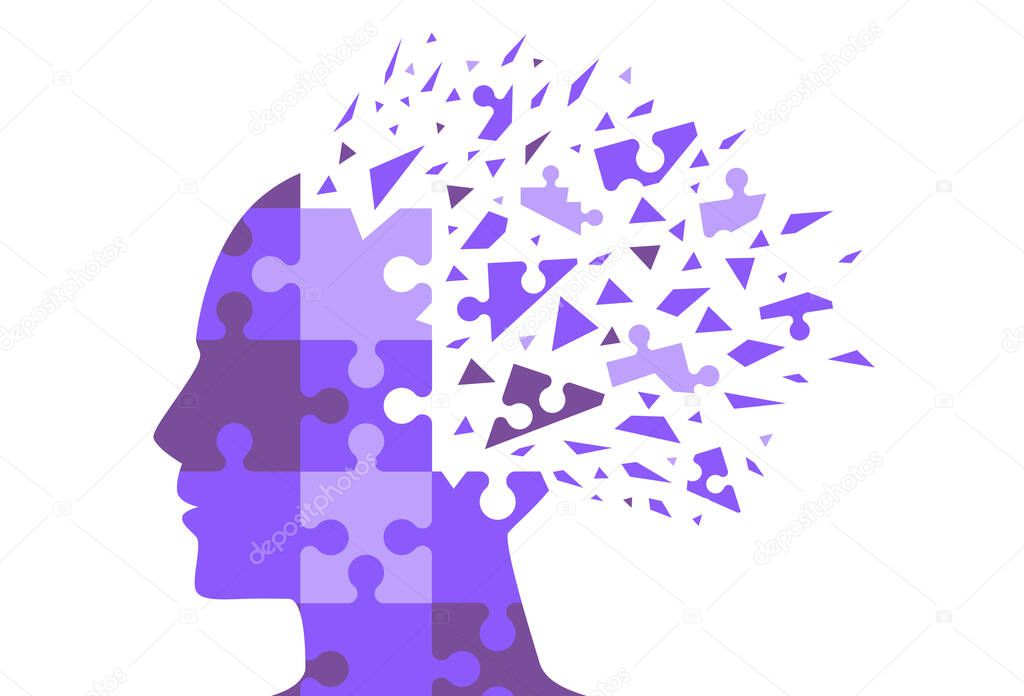 Silhouette human head from jigsaw split from the puzzle head. Illustration about people losing memory and Alzheimer disease.
