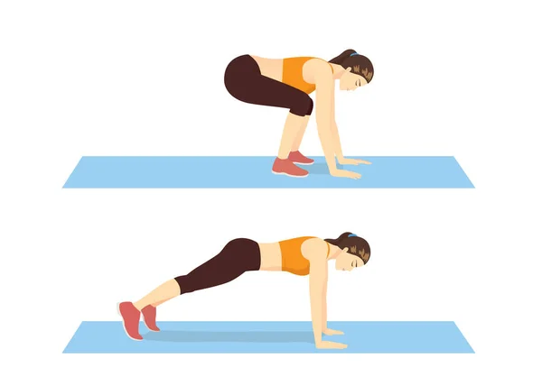 Mujer Haciendo Half Burpee Pasos Para Guía Ejercicios Ilustración Sobre Gráficos Vectoriales