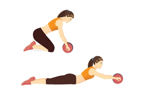 Exercice Féminin Avec Une Roue Abdominale Pour Les Avantages Compris — Image vectorielle