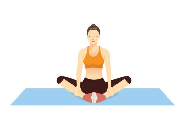 Women sitting on the floor doing butterfly stretch exercise pose. Illustration about workout diagram for relaxing muscles at hip, spine, leg, thign.