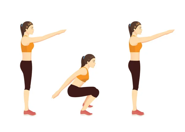 スポーツ女性は3つのステップでヒンズー教のスクワットの練習をします グラウトとヒップと肩の筋肉のためのワークアウト図についてのイラスト — ストックベクタ