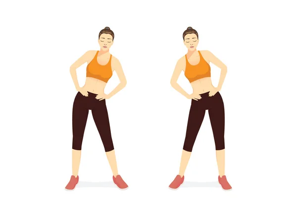 スポーツ女性は左右にヒップサークル運動を行います 筋肉のストレッチのためのウォーミングアップとクールダウンのためのワークアウト図についてのイラスト — ストックベクタ