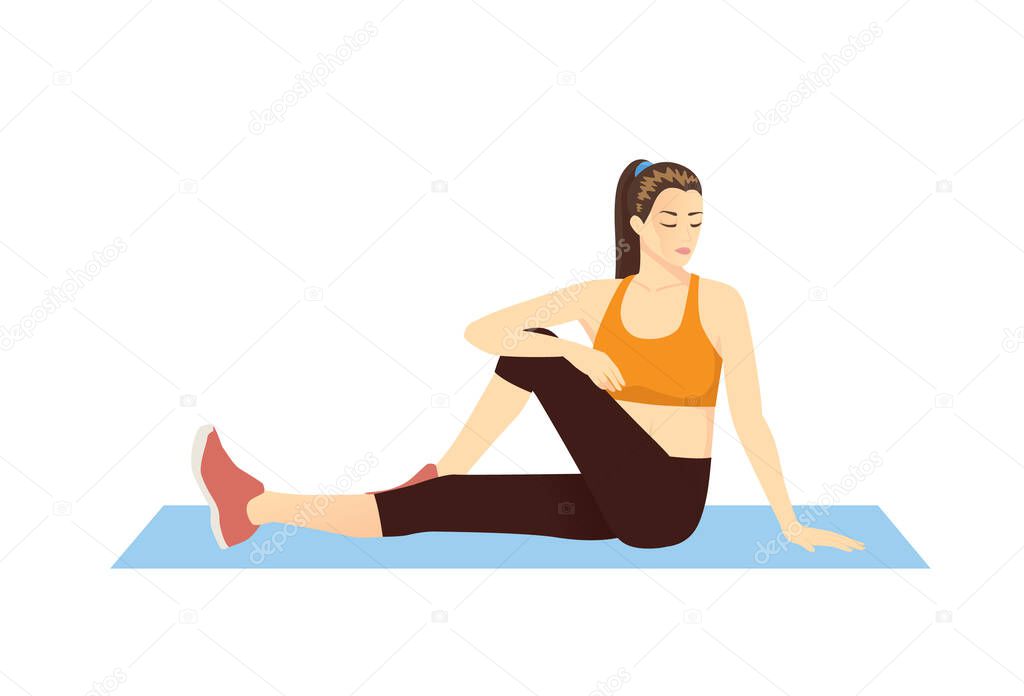 Women sitting on the ground and doing stretch exercise poses with cross legs. Illustration about workout diagram for relaxing muscles at the hip, back, leg, and thign.