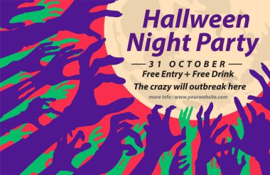 Kötü ruhların siluet elleri ve kolları ve zombiler Ay 'a uzanan Cadılar Bayramı partisinde mesajlaşıyorlar. Cehennemden dirilen hayaletler konseptindeki olay posteri..