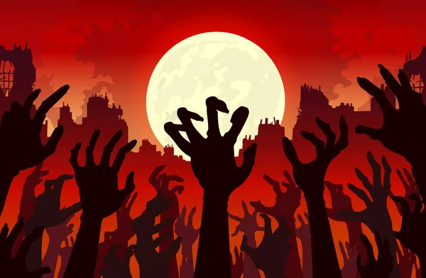 Hand Und Arme Von Zombies Erheben Sich Viel Gleichzeitig Mit — Stockvektor
