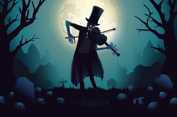 Skeleton Φάντασμα Ζόμπι Ένα Υψηλό Καπέλο Παίζουν Βιολί Στο Νεκροταφείο — Διανυσματικό Αρχείο