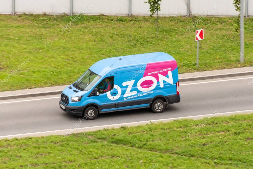 Goods delivery service car from OZON online store at road. Russia, Saint-Petersburg. 14 september 2021