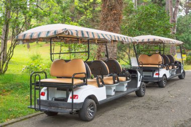 Parkta iki araba var. Elektrikli araba. Turist otobüsü. İnsanları otelin etrafında taşımak için bir araba.