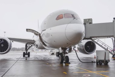 Yolcu uçağı kalkıştan önce yolcu köprüsünde.