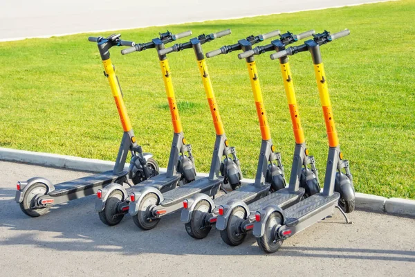 Otoparkta arka arkaya elektrikli scooterlar. Şehir bisiklet kiralama sistemi, sokakta halka açık scooter 'lar.