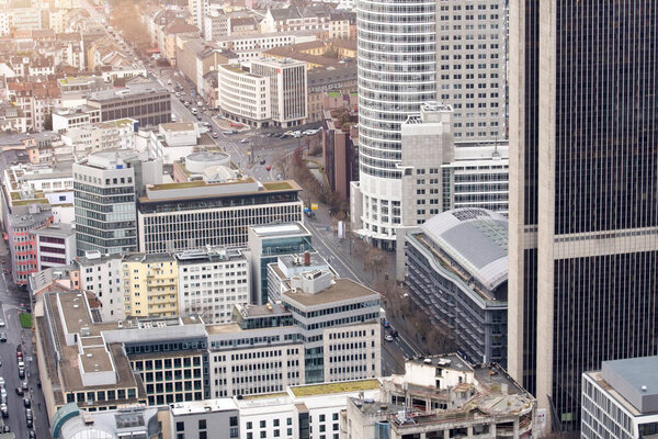 Frankfurt am Main financial business district. Panoramic aerial view cityscape skyline with skyscrapers