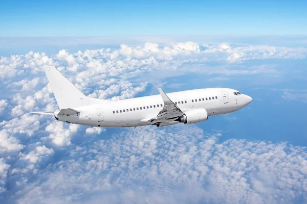 White Passenger Airplane Flying Sky Amazing Clouds Background Travel Air Stock Photo