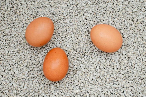 Szemcsés csirke takarmány és tojás, háttér, felülnézet. Csirketakarmány és tojás. Egy speciális fehérje kiegészítés etetésére házi tojótyúkok, felső nézet. Szója granulátum csirkék etetésére, felülnézetből. — Stock Fotó