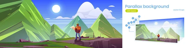 Summer landscape with mountains and hiker man on stone ledge. Background with layers for parallax scrolling effect. Vector cartoon illustration of rocks and high peaks and tourist with backpack