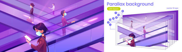 Parallax Background People Medical Masks Escalators Mall Moving Staircase Carrying — Stock Vector