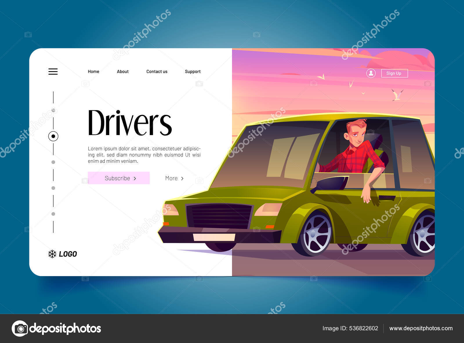 日没のピンクの空の背景に緑の車の中で座っている男とドライバのバナー 車の中でキャラクターの漫画イラストとプロの運転や運転手の仕事のベクトルランディングページ ストックベクター C Illustratorgold