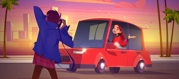 Photographer shoot woman sitting in red sedan car at beautiful sunset cityscape view with skyscrapers and palm trees at seaside, Girl posing to man with photo camera, Cartoon vector illustration — Stock Illustration Photographer Shoot Woman Sitting Red Sedan Car Beautiful Sunset Cityscape — Stock Vector