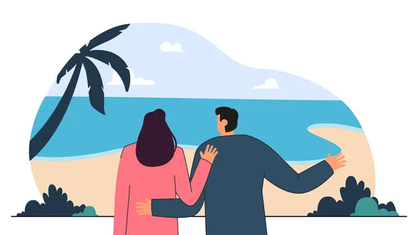 Cartoon husband and wife looking at tropical landscape. Family going on trip to seaside flat vector illustration. Traveling, tourism, vacation concept for banner, website design or landing web page
