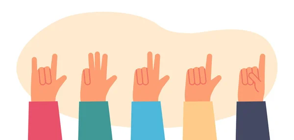 Hands of people showing numbers from one to four. Persons counting with fingers, hand gesture meaning love flat vector illustration. Sign language, education concept for banner or landing web page